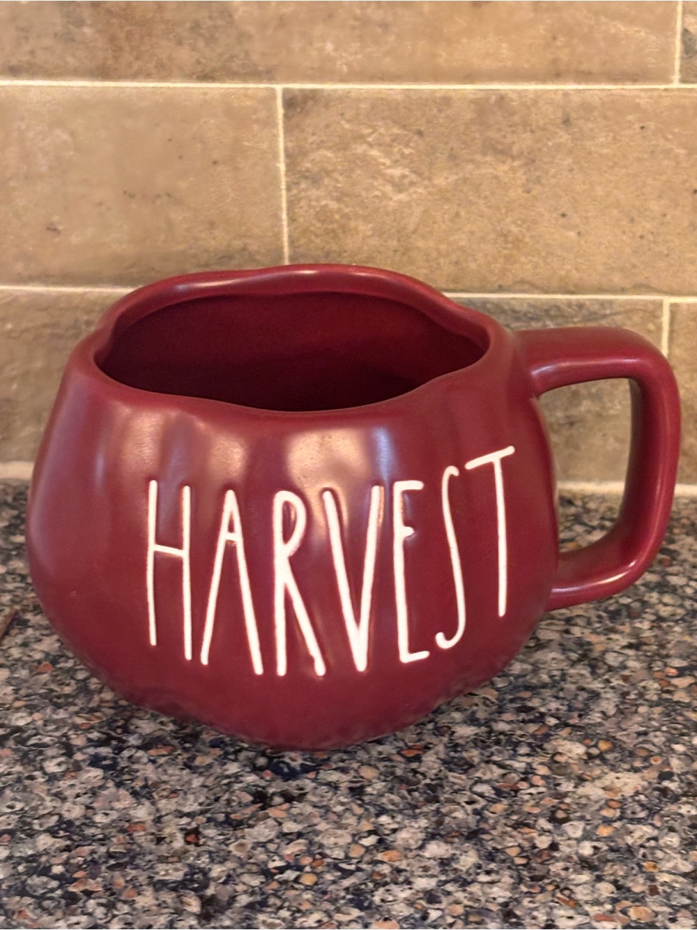 Rae Dunn HARVEST Mug - Burgundy in color